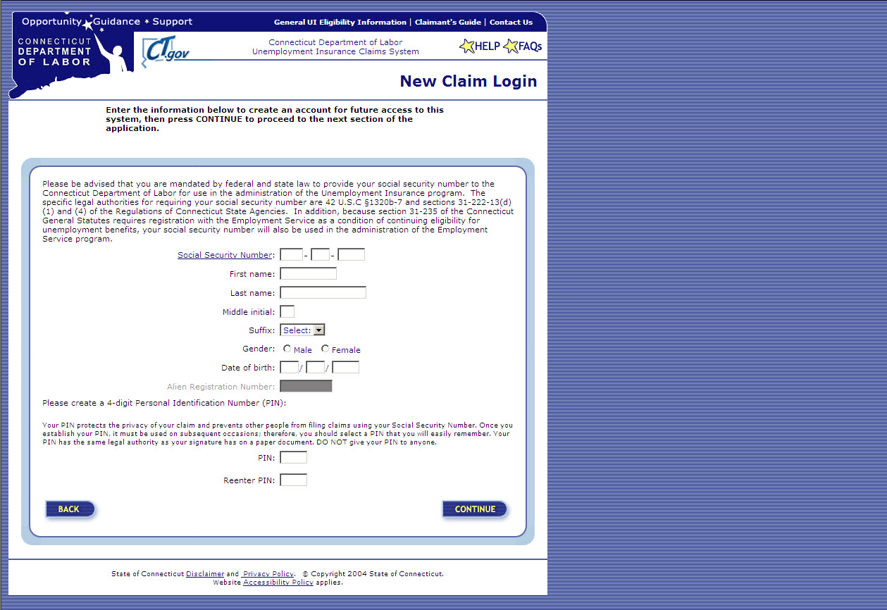 Create account page for old DOL Tax and Benefits system